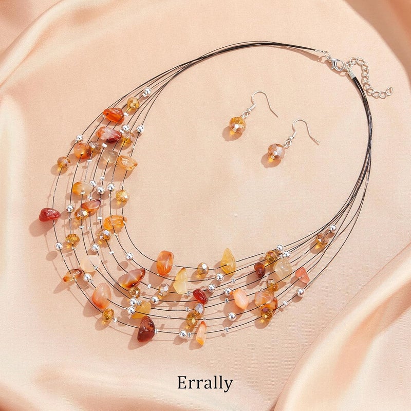 Errally Store Multi-Layer Boho Shell Beaded Necklace for Women Colorful Crystal Strand with Silver Beads Statement Collars Necklace and Earrings Costumes Jewelry Sets for Women - Image 2